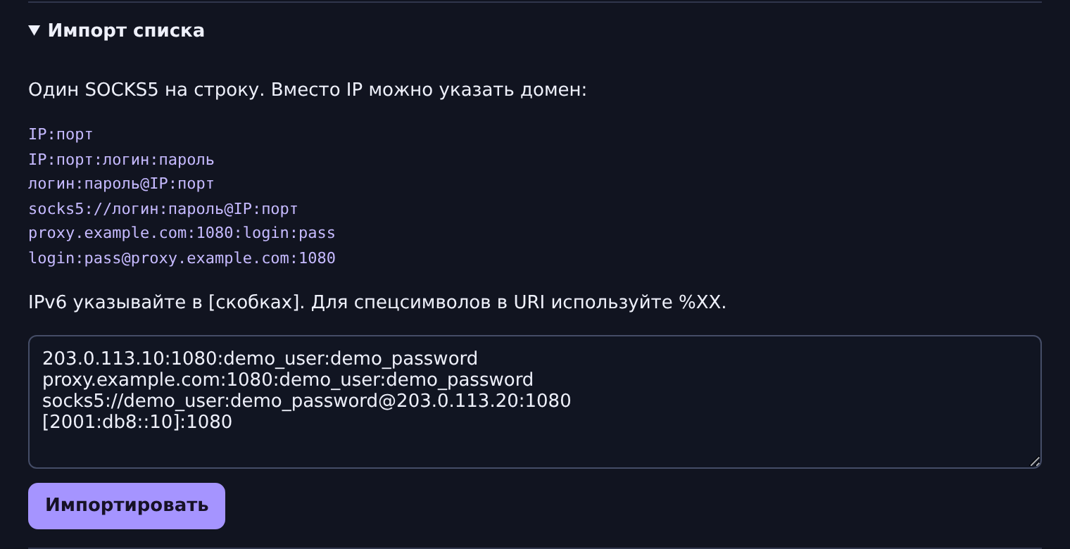 SOCKS5 list import showing IPv4, a domain, a SOCKS5 URI and an IPv6 example
