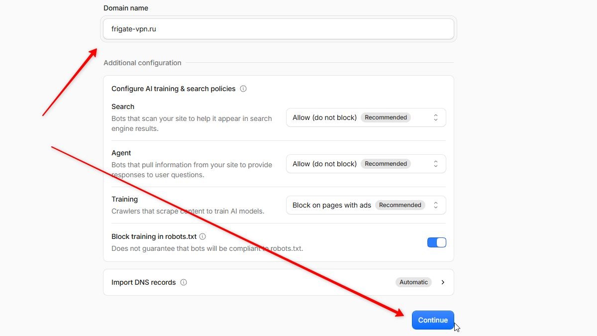 Ввод домена и выбор бесплатного тарифа Free в Cloudflare