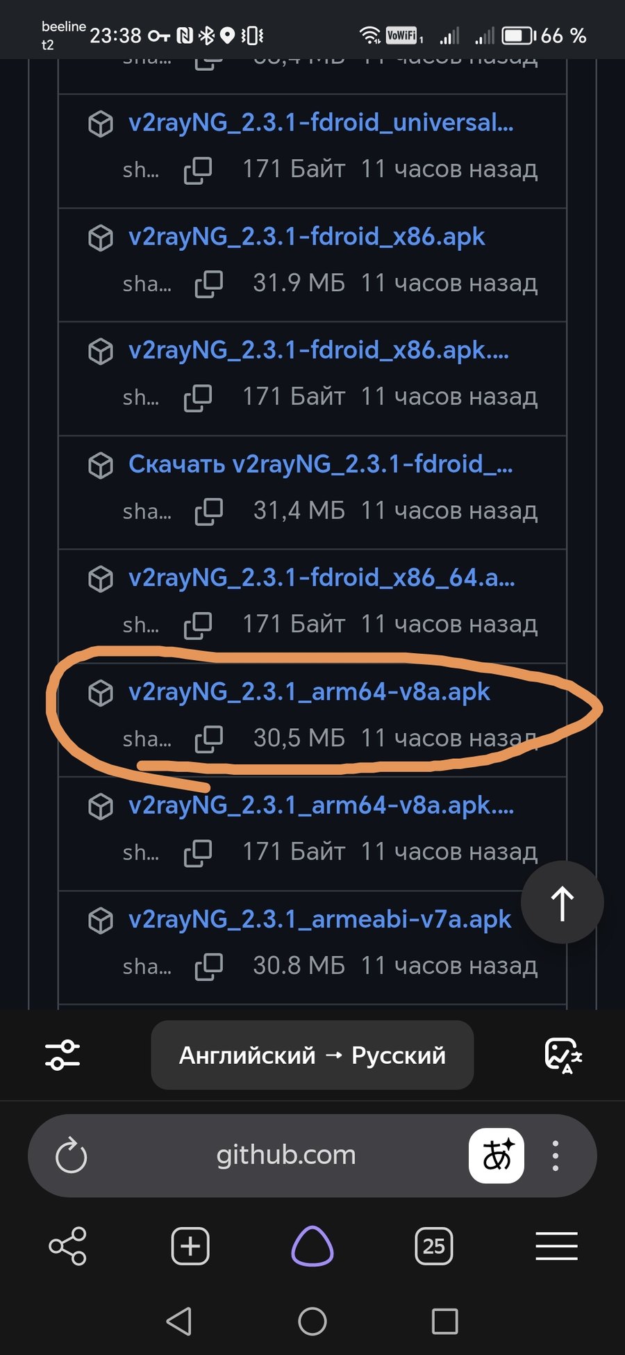 Скачивание APK v2rayNG версии arm64-v8a со страницы релизов на GitHub