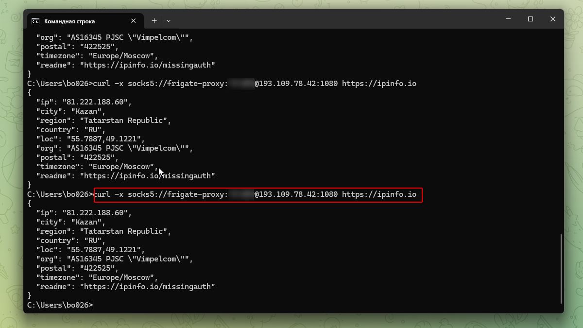 Проверка мобильного прокси через curl и ipinfo.io в командной строке Windows