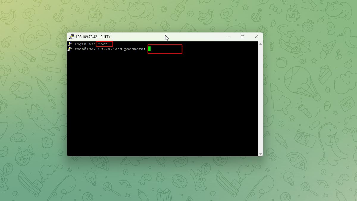 Ввод логина root и пароля в PuTTY для подключения по SSH