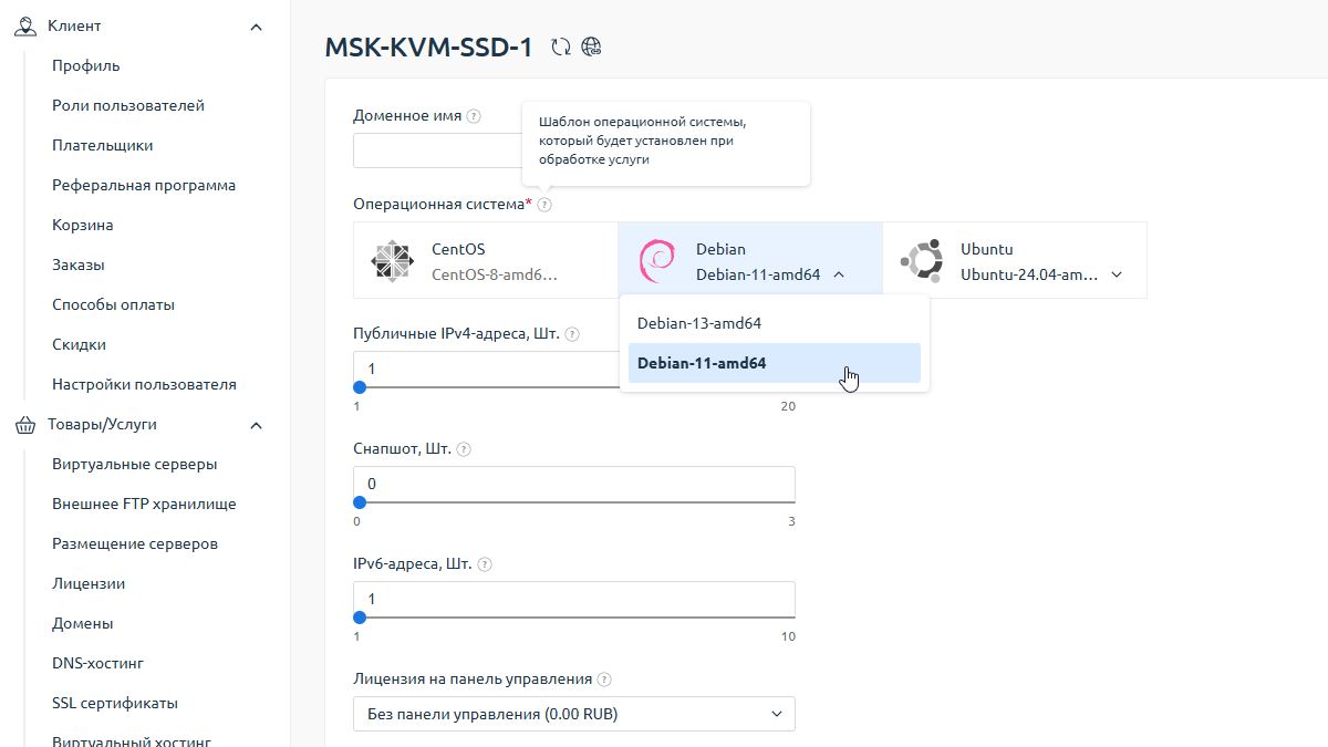Выбор операционной системы Debian 11 amd64 при заказе VPS