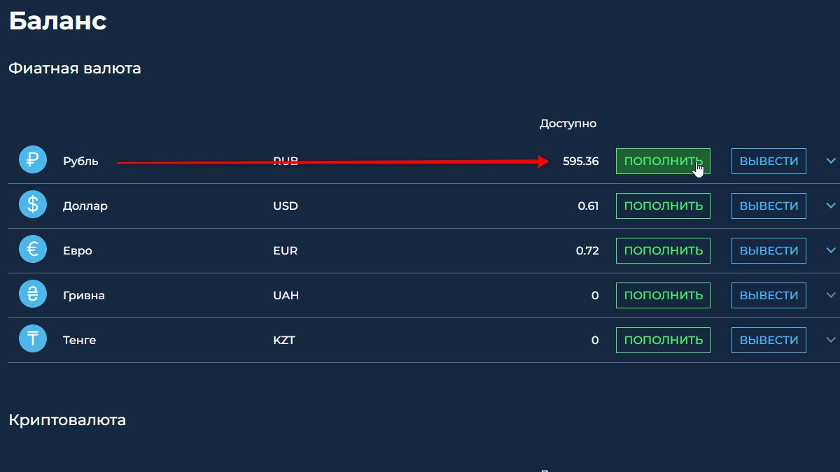 FKWallet — раздел Баланс, пополнение рублями через СБП или карту