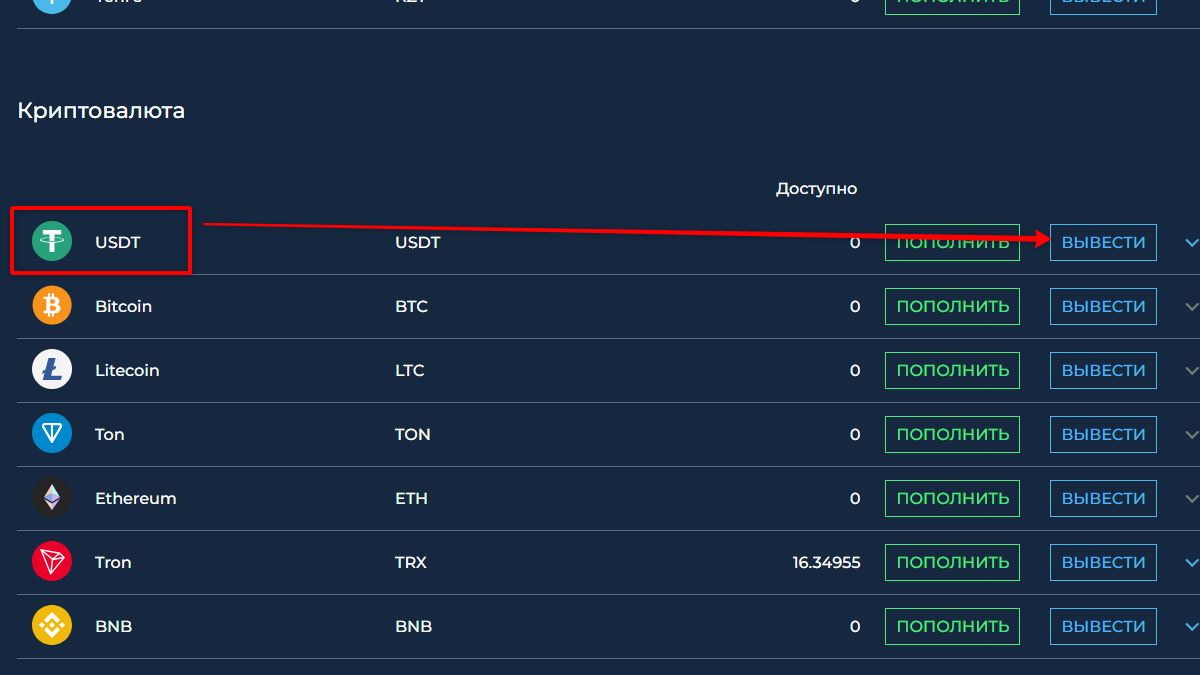 FKWallet — Кошелёк, криптовалюта USDT — кнопка Вывести