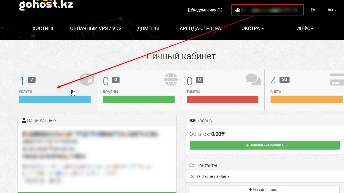 Личный кабинет gohost.kz после оплаты — 1 услуга активна
