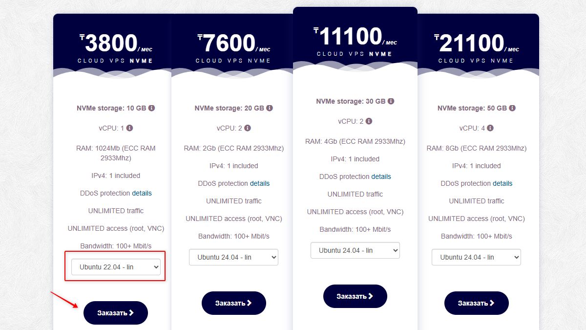 Выбор тарифа Cloud VPS NVMe на gohost.kz — Ubuntu 22.04, 3800 тенге