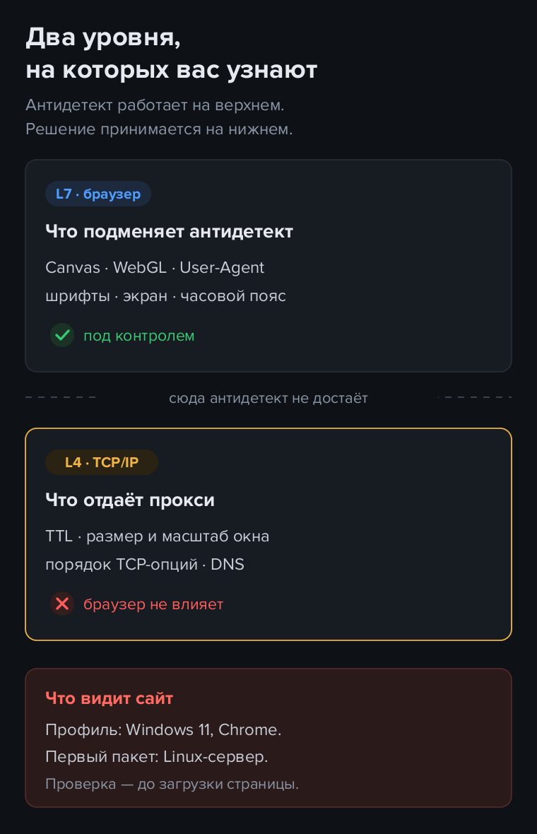Два уровня опознания: браузер управляет Canvas и User-Agent, прокси отдаёт TTL и параметры TCP